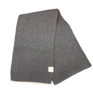 LOEWE Gray Ribbed Knit Scarf Off White Trim With Leather Anagram Logo Plaque
